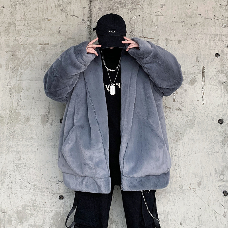 宽松仿兔毛连帽毛毛休闲棉袄加厚男棉衣外套跨境外贸大码棉服男潮