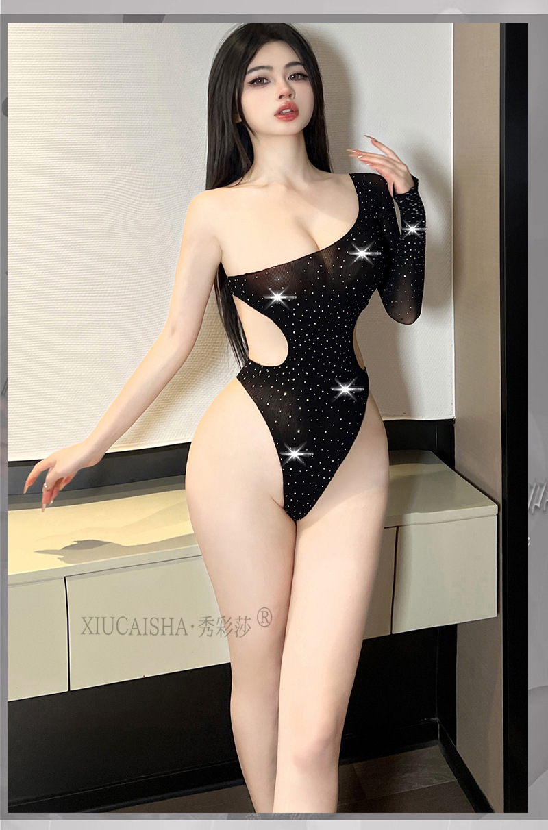 Plus Size Rhinestone-Embellished Mesh One-Piece Lingerie, Black Off-Shoulder Polyester Nightgown — detail image 13