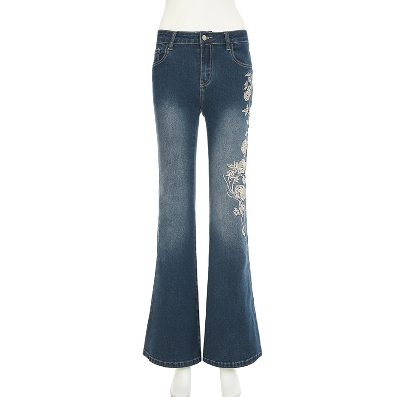 Rose Embroidery Retro Gradual Change Niche Slightly Spicy Jeans American Hot Girl Street Low Waist Thin Personality Trousers_ecoleips.com