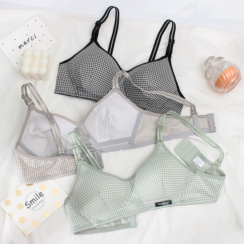 Japanese-style Thin Girls' Underwear Without Steel Rings Small Chest Gathered Students Developmental Flat Chest Sweet Plaid Bra suit