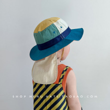 宝宝帽子洋气撞色日系户外渔夫帽带披肩护脖防晒帽男女童大檐遮阳