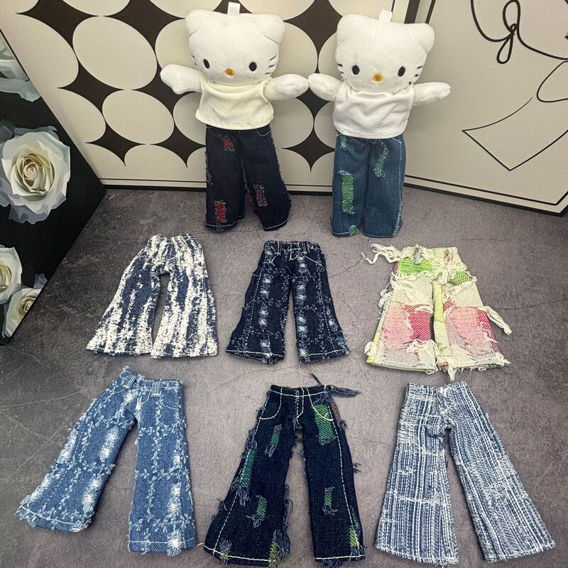 Long-Legged Kt Cat Denim Wide-Leg Pants American Retro High Street Loose Personality Long-Legged Kitty Cat Doll Clothes Small Pendant