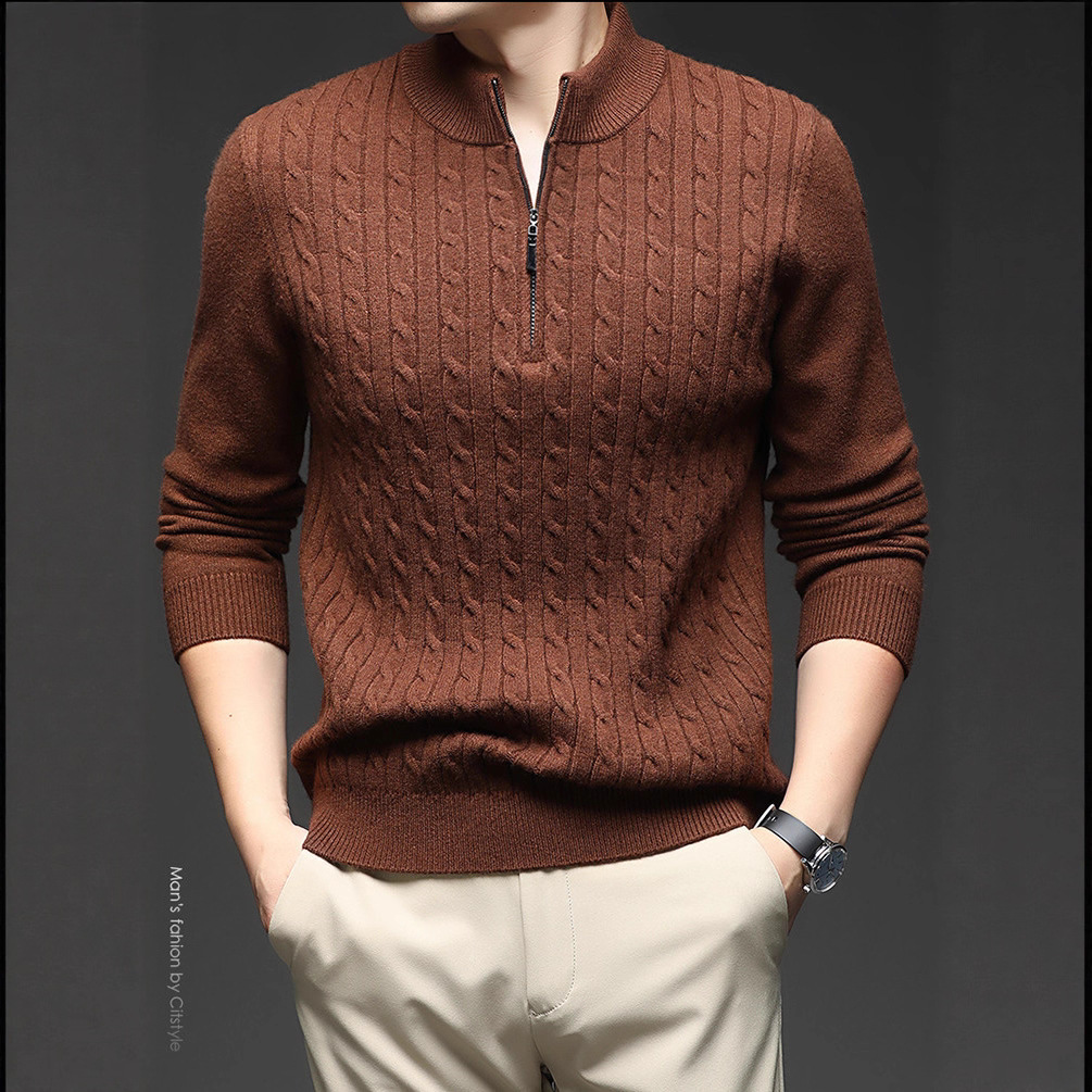 Jacquard de color sólido transfronterizo jersey de punto de aguja de invierno de mediana edad hombre casual suéter de semicirremolca