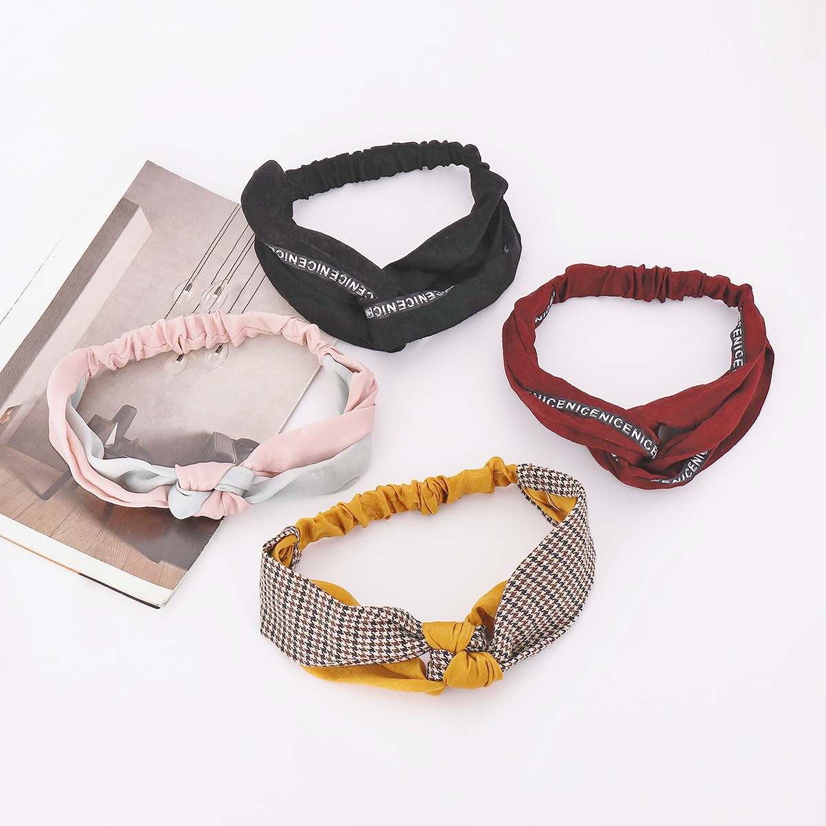 Estilo coreano moda de dos colores de costura nudo chino borde ancho contraste color Cruz banda de pelo vintage satén anudado diadema accesorios para el cabello