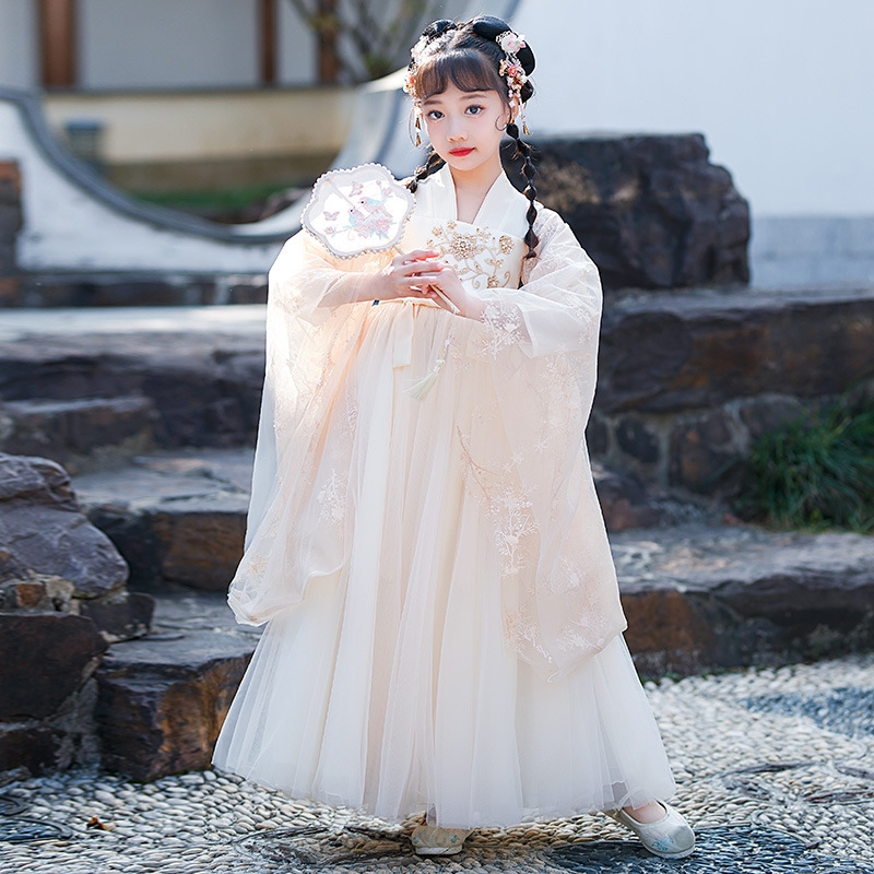 Girls white champagne hanfu Chinese Princess dress hanfu fairy dress  costume outfit Ru skirt girl super hanfu dust antique wide sleeve skirt