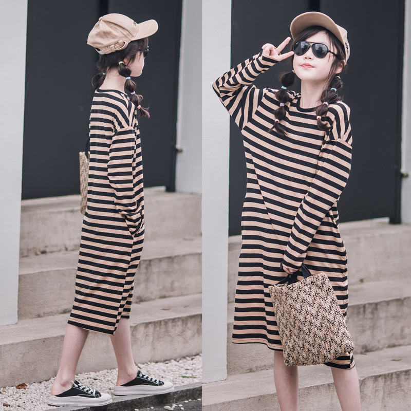 Vestido de rayas de algodón de moda de estilo coreano para niñas de primavera y otoño falda básica de fondo de manga larga para niños medianos y grandes