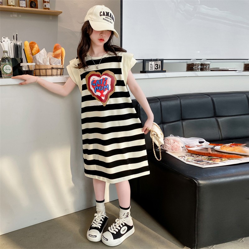 Girls Dress Summer 2025 New Girls Summer Contrast Color Striped Skirt Children's Mid-Length T-Shirt Dress