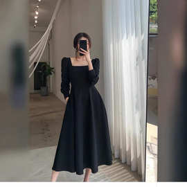 优质款大码方领黑色长袖连衣裙女长裙秋季薄款修腰显瘦图片色其他