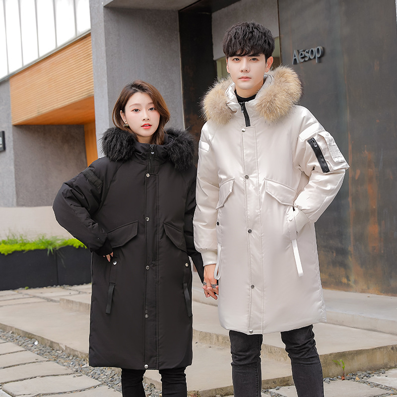 Abajo chaqueta de los hombres de mediados de-longitud de moda de terciopelo alto Abrigo con capucha pareja desgaste invierno nuevo espesado cálido de los hombres y las mujeres del mismo estilo