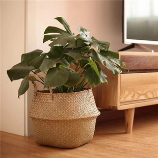 Nordic Flower Basket Portable Woven Basket Flower Pot Straw Woven Bamboo Plant Straw Woven Floor-Standing Folding Straw Woven Bag Basket Woven