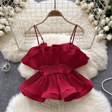 度假风吊带上衣女装欧美ins穿搭小众压褶洋气荷叶边收腰辣妹小衫