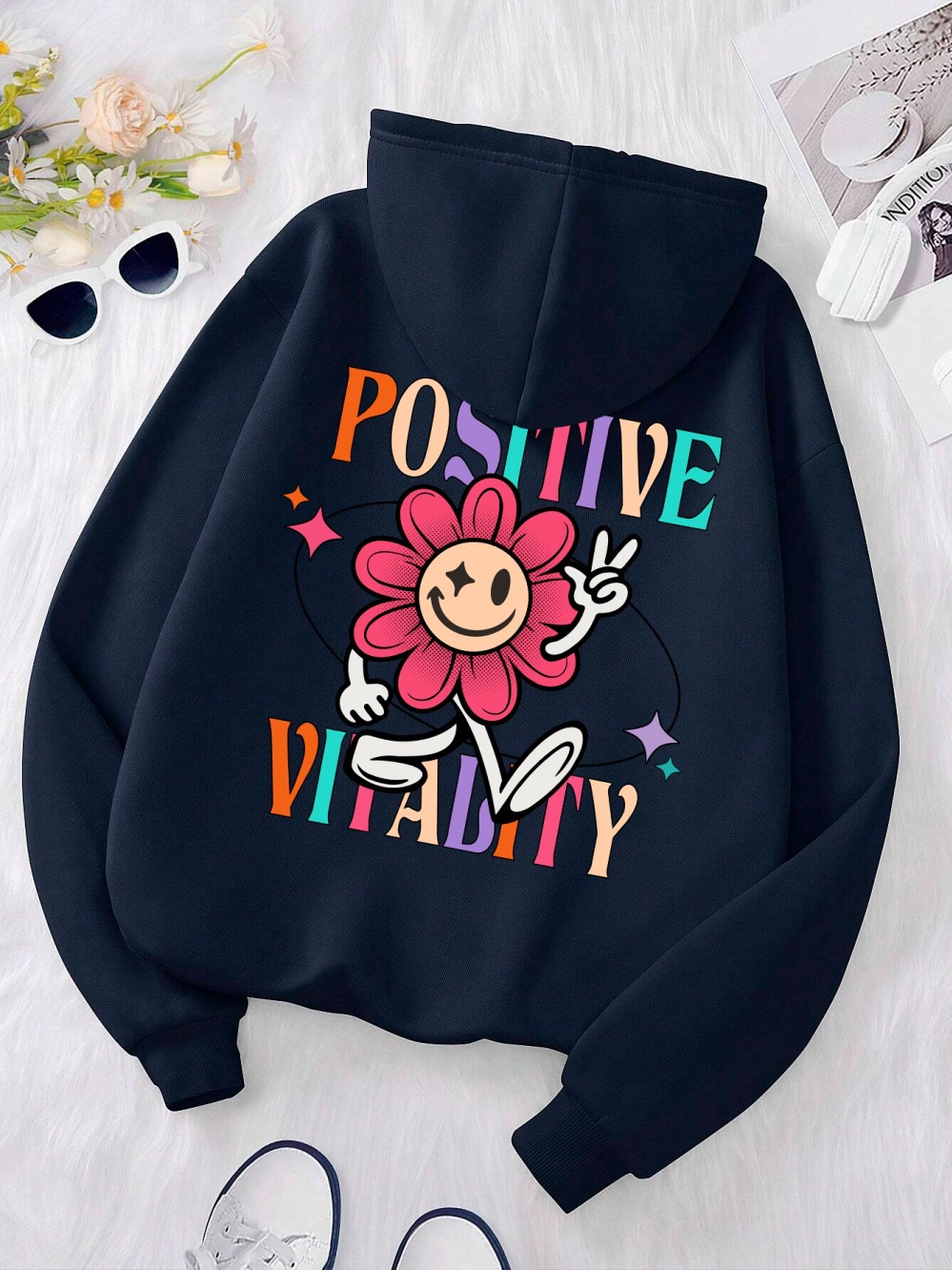 Positive Vitalty Smiling Flower Women Sweatshirt Fashion Cas