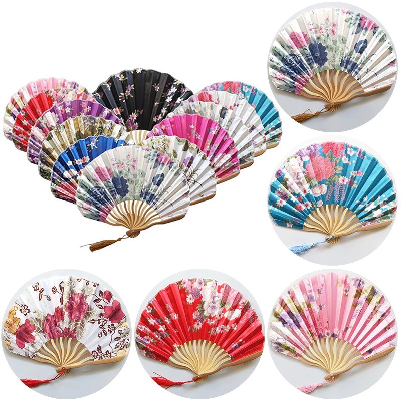Ventilador de hueso de bambú de estilo japonés transfronterizo exquisito ventilador plegable de concha con borla multicolor opcional