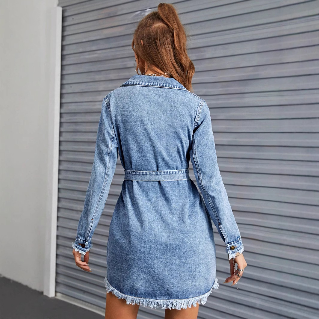 Vintage Denim Dress – Long Sleeve Button-Down Shirt Dress – Relaxed Fit With Pockets – Light Blue (XS/S/M/L)_ecoleips.com