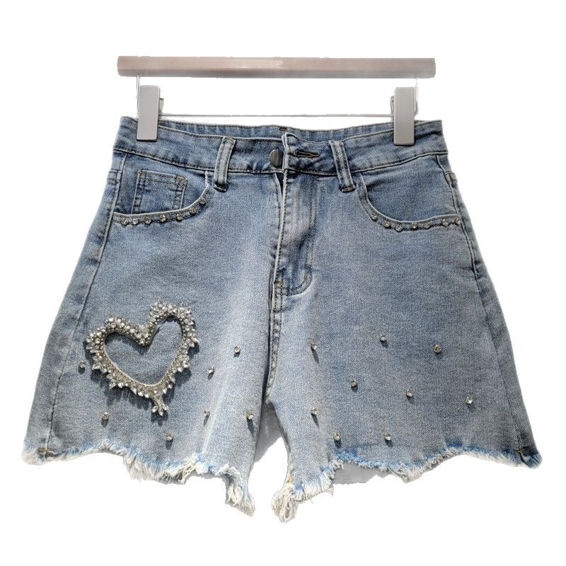 Pantalones Cortos Jeans Anchos para Mujer de Cintura Alta con Apliques para Verano