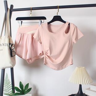 Women's Summer Loose Fake Two-Piece Quick-Drying Shorts with Chest Pad Short-Sleeved Suit Running Sports Fitness T-Shirt Fashion Yoga
