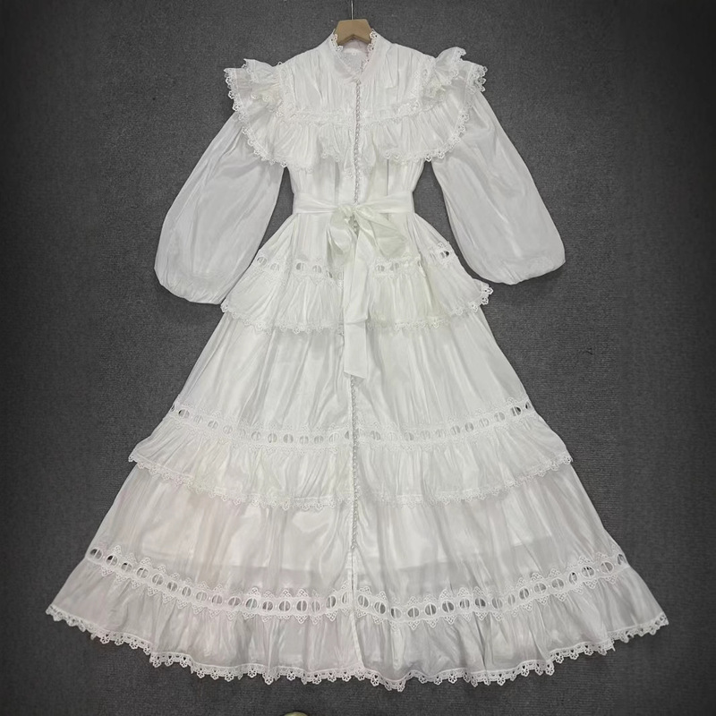 French Gentle Style Dress, Spring Dress for Women, Hollow Lace Splicing, Puff Sleeve Long Dress, Holiday Dress French Gentle Style Dress, Spring Dress for Women, Hollow Lace Splicing, Puff Sleeve Long Dress, Holiday Dress