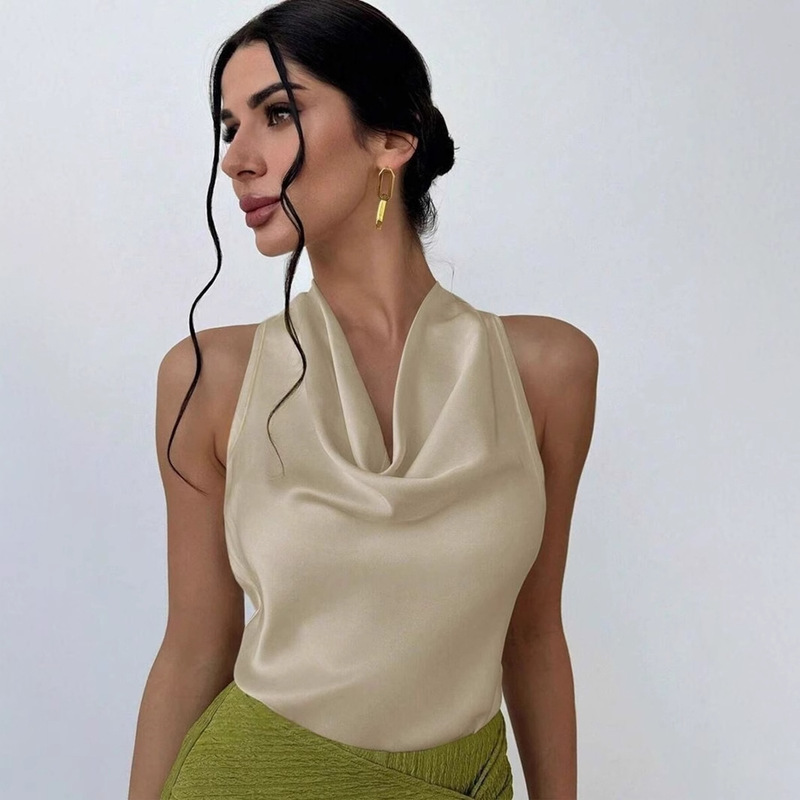 Cross-Border Women's Fashion Sexy Sleeveless Satin Shirt 2026 Spring/Summer Amazon European and American Work Shirts for Women