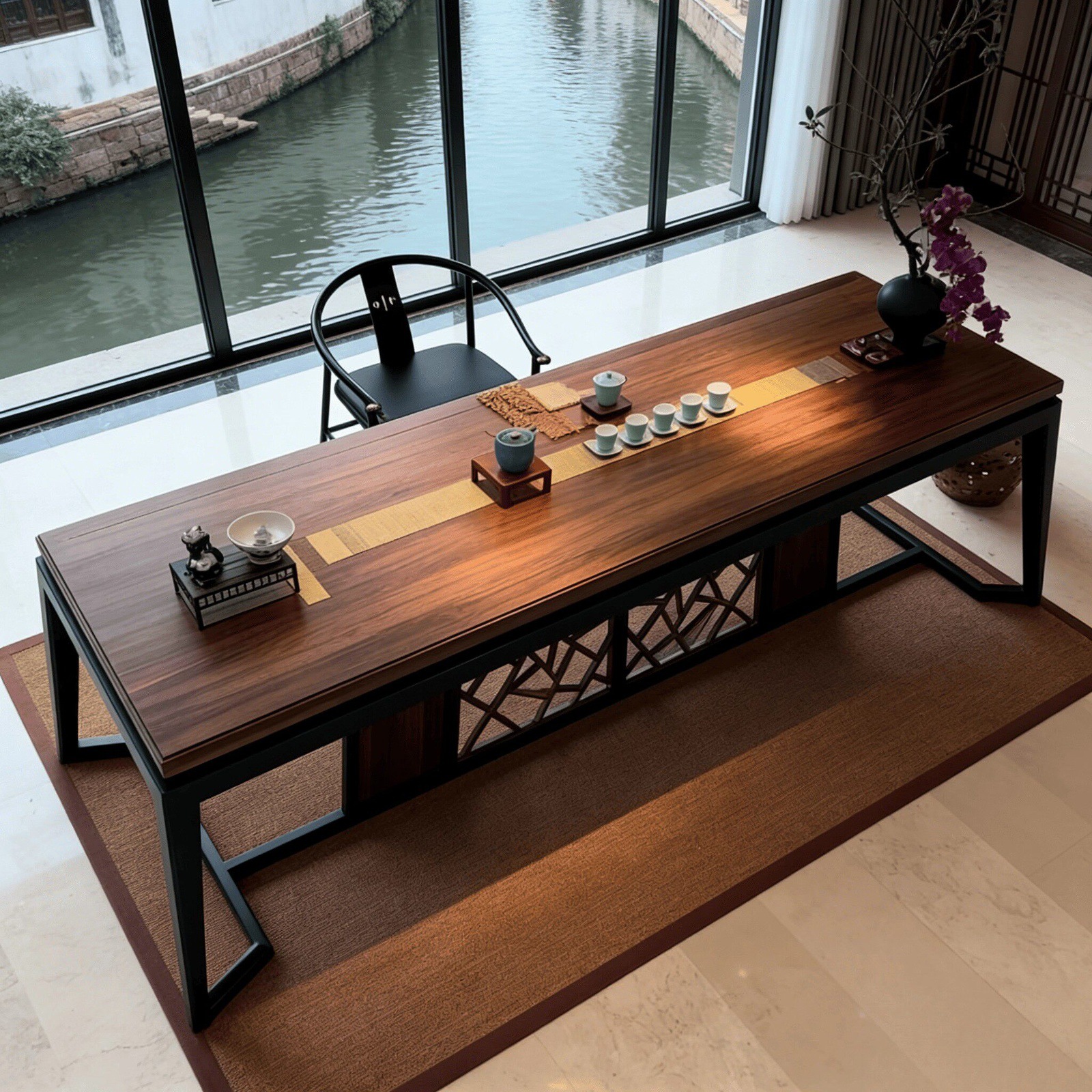 North American black walnut wood tea table and chair set, Zen-style hotel and club tea room tea table, Song-style aesthetic furniture, tea brewing table