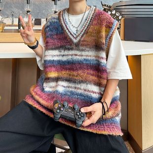 Japanese Style Retro Gradient V-Neck Striped Knit Sweater Unisex Loose Sleeveless Waistcoat for Couple Vest Sweater