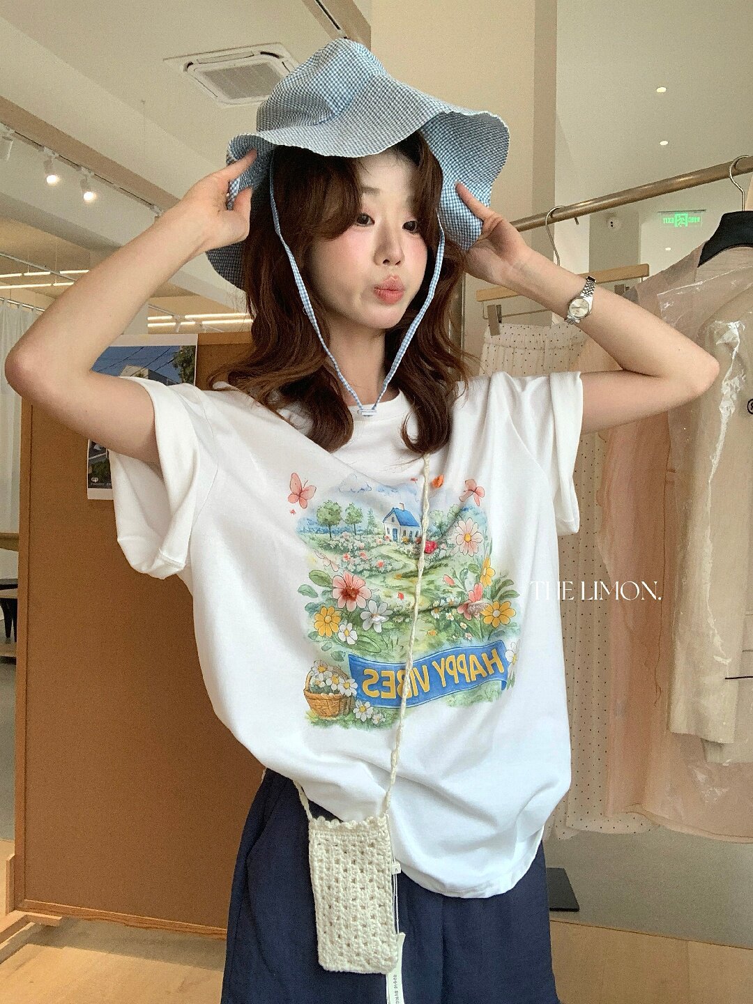 Áo thun nữ cổ tròn in họa tiết hoa vườn hè, tay ngắn, form rộng phong cách Hàn Quốc — trắng ngà chi tiết 19