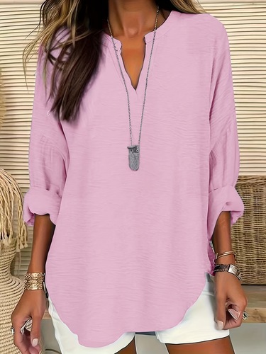 Vibrant Solid Color Notch Neck Blouse Stylish Casual Long
