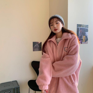 New Loose Zipper Jacket Collar fleece-lined Thickened Embroidered Imitation Lamb Velvet All-match Cute Bear Plush Jacket