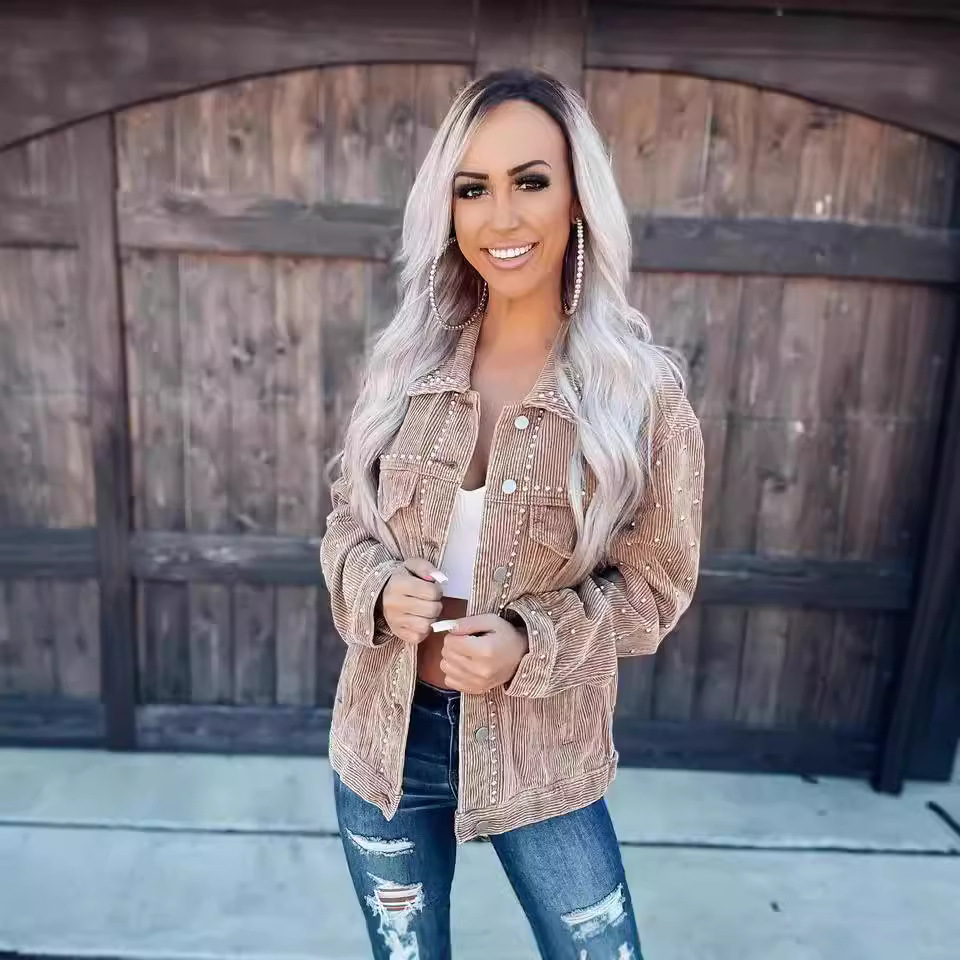 Women's Clothing 2024 early autumn new style casual fashion corduroy rivet long sleeved jacket_voghion.com