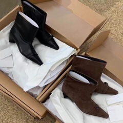 羊皮版~法式复古尖头细跟短靴女2025新款蝴蝶结高跟弹力瘦瘦靴女