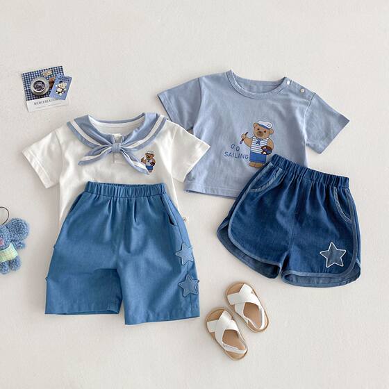 Children's navy style T-shirt 2025 new summer girls bear bottoming shirt boys Denim shorts baby summer