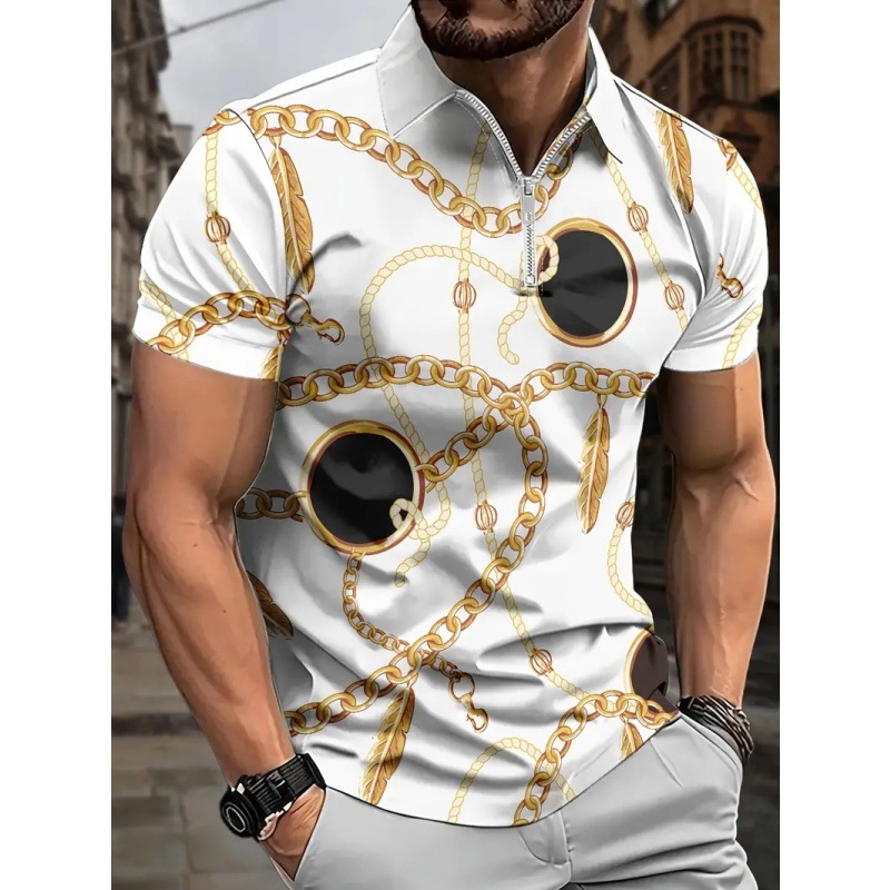 Hombre europeo y americano calle todo fósforo cadena de oro impresión 3D transpirable suelta solapa cremallera camisa POLO traje de polo de manga corta