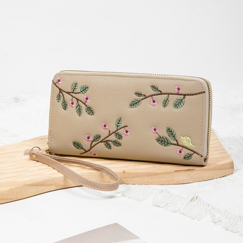 2025 nueva cartera de mujer larga cremallera bolso de mano de moda bordado bolso de cambio de cuero suave de gran capacidad