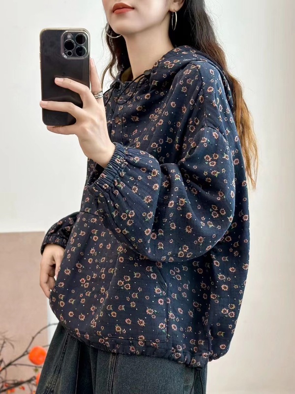 古咖服饰秋季新款复古棉麻印花连帽外套女文艺碎长袖宽松套头上衣|undefined