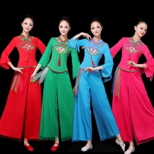 New women's embroidered dance clothing long-sleeved pendant classical dance ethnic style square dance suit spring and summer performance clothing