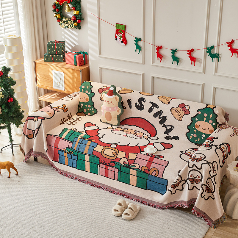 圣诞节喜庆节日沙发盖布棉麻棉线卡通沙发巾全包四季通用沙发套罩