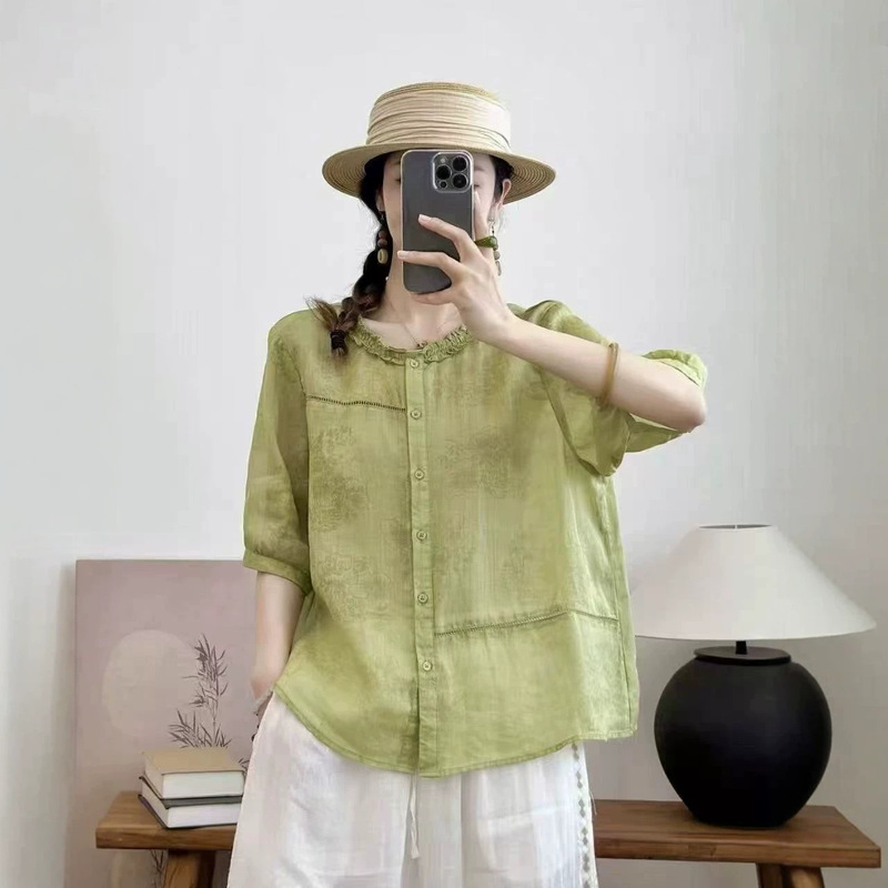 Retro Artistic Pure Ramie Printed Half-Sleeve Shirt 2026 Summer New Style Loose Lace Collar Women's Shirt