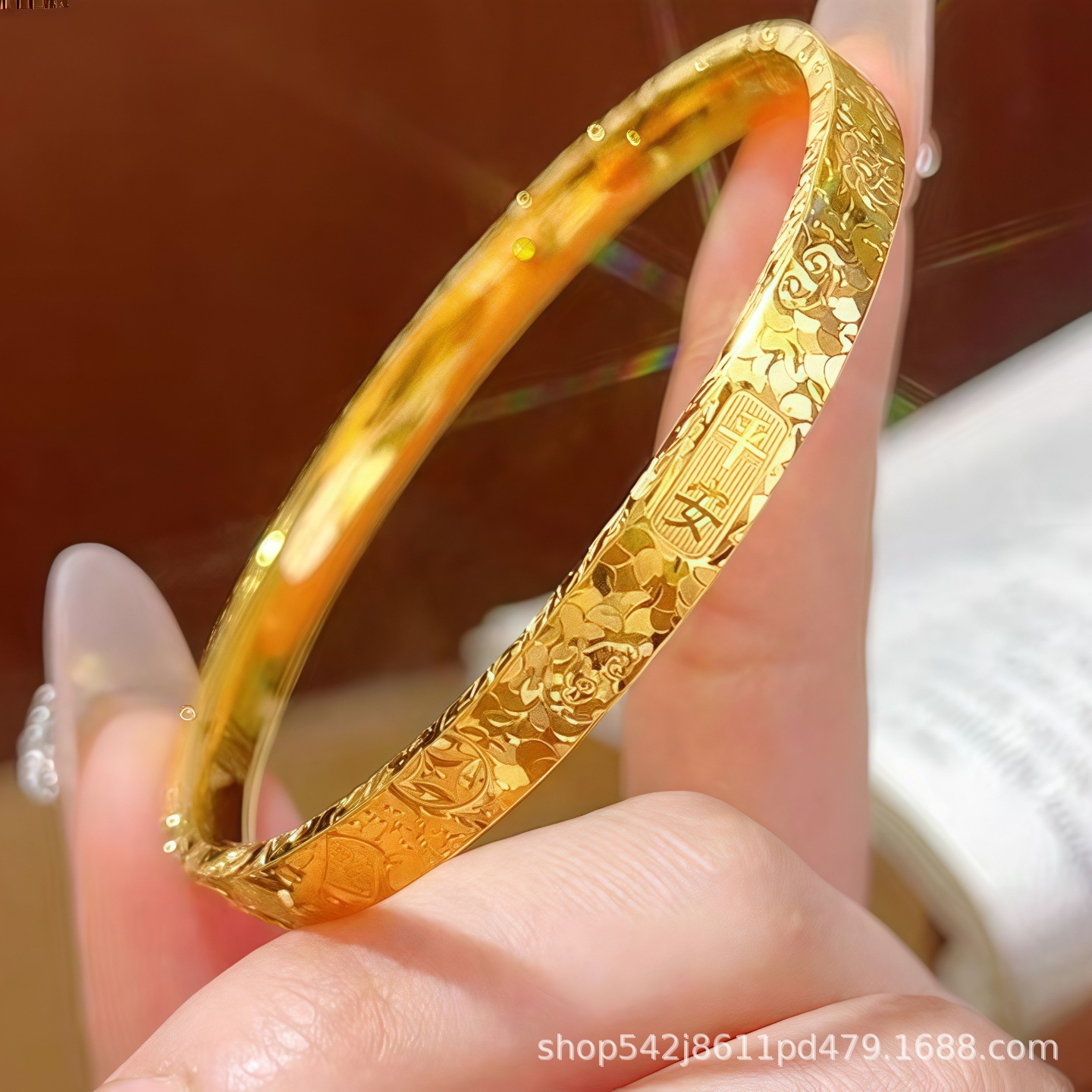 Sparkling Crushed Ice Fortune-Bringing Gold-Plated Bracelet for Women, Light Luxury High-End Feel, Gold-Plated Closed Plain Band Bracelet Wholesale