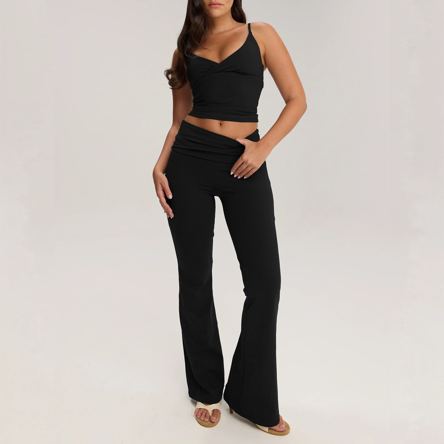 Nuevo conjunto de yoga plegable cabina de acondicionamiento físico chaqueta de mujer pantalones largos para correr pantalones deportivos de piernas anchas dos piezas image 7