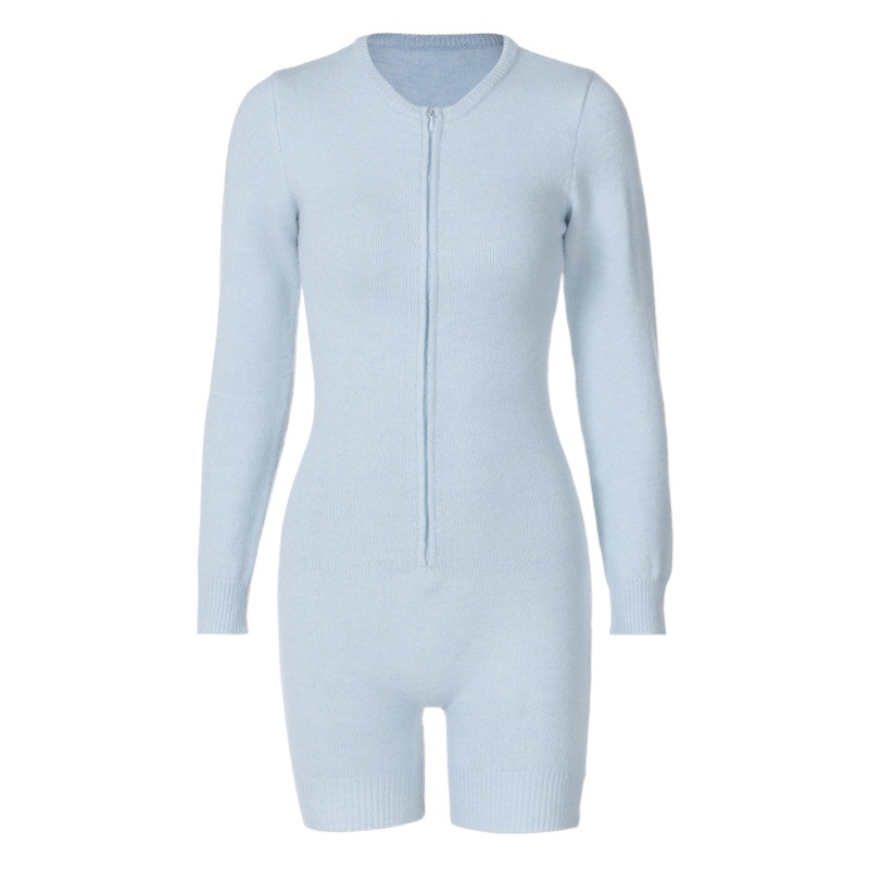Ropa de mujer transfronteriza de Amazon europea y americana 2025 primavera nuevo estilo manga larga color sólido cremallera suéter de punto ajustado mono image 1