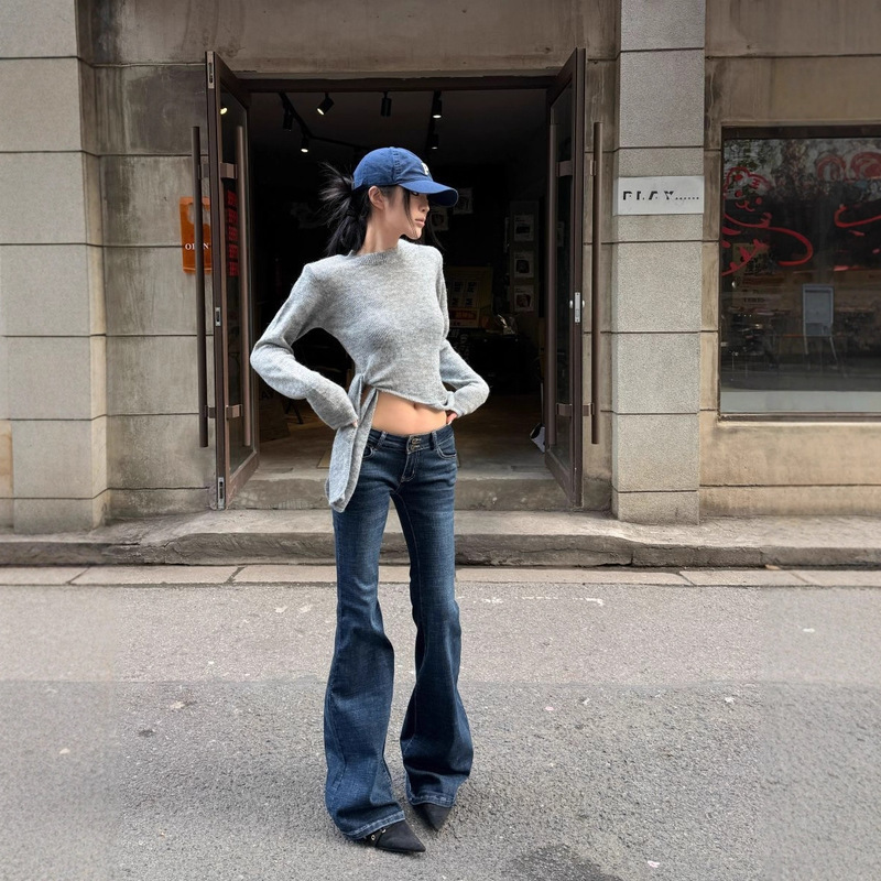 American Retro Dark-Colored Low-Waist Jeans for Women, 2025 Autumn New Style, Stretchy Slim-Fit Flared Bootcut Pants