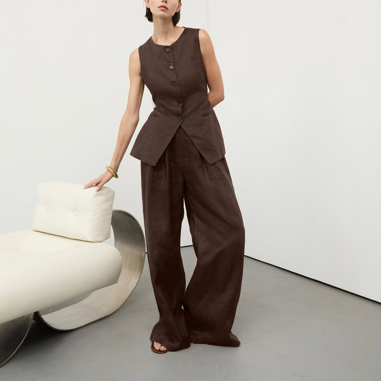 Cotton and Linen Vest Vest Suit for Women 2025 New Round Neck Sleeveless Top Loose Wide Leg Pants Commuter Two-Piece Set