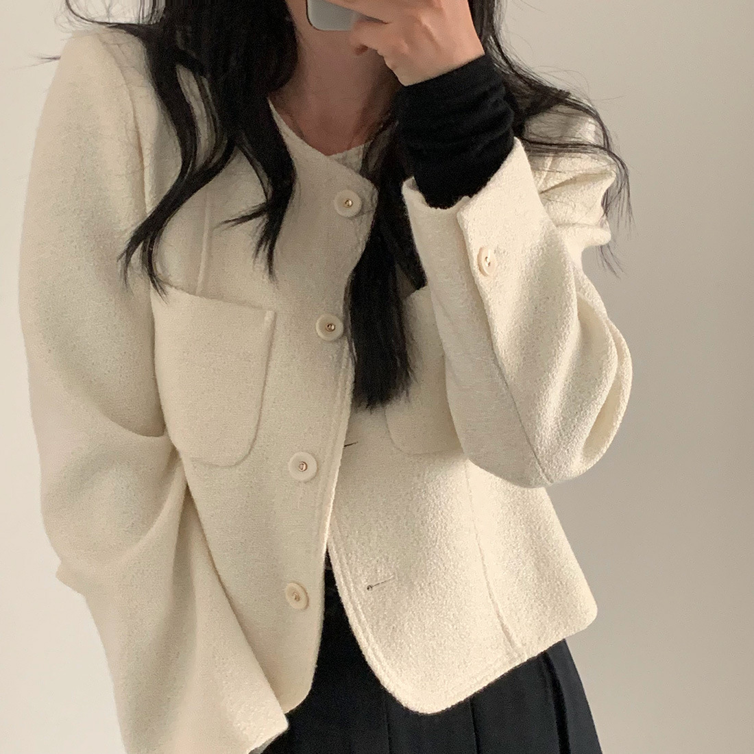 Pure Color All-matching Double Pocket Long Sleeve Coat