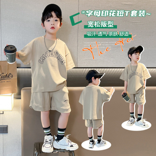 Boys Thin Sports Suit  Summer New Letter Printed T-Shirt Five-Female Pants Handsome Casual Two-piece Set