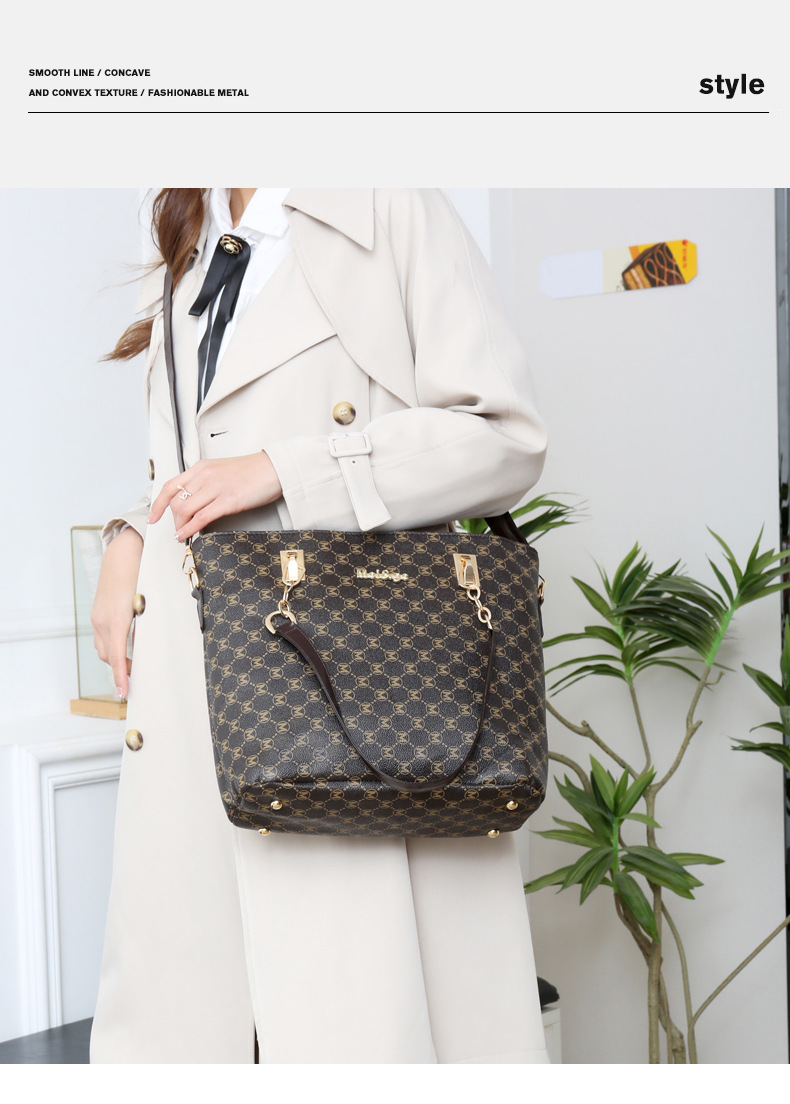 Casual, Daily, Shopping Occasion Women's Pu Leather Monogram Classic Style Bucket Zipper Bag Sets