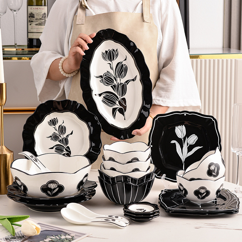 Middle Ancient Tulip Vintage Ceramic Tableware Dishes and Dishes Household Advanced Sense Black and White Tulip Series Tableware suit