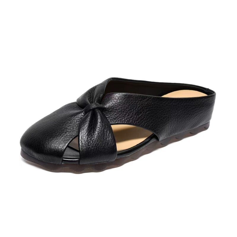 Dép sandal nữ da thật mũi nhọn quai chữ V đế bệt — màu nâu