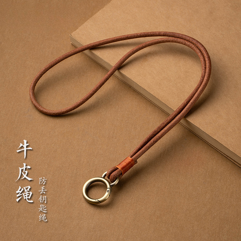 Leather Rope Keychain Anti-Lost Hanging Neck Rope Simple Genuine Leather Handmade Wristband Car Key Ring Pendant Keychain