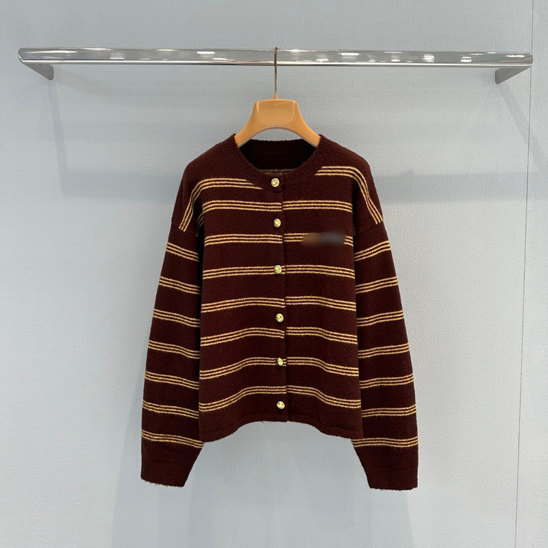 Nanyou high-end women's clothing MI brand 2026 new brown striped Polo long-sleeve cardigan