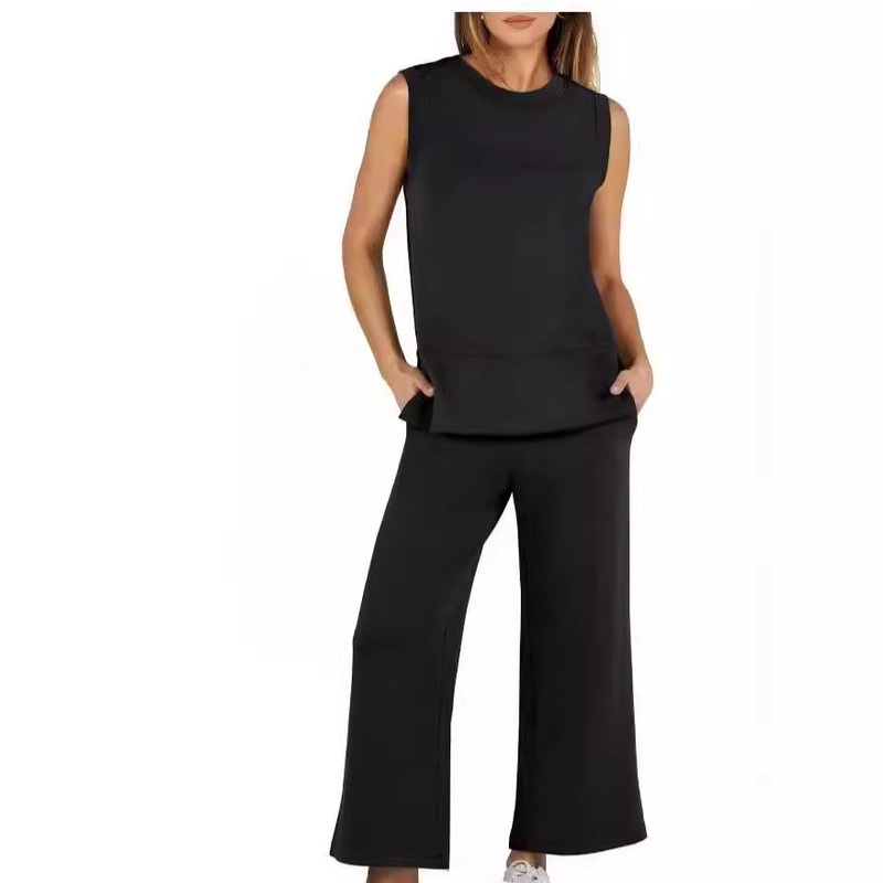 Amazon European and American Style Fashion Casual Vest Set 2024 New Round Neck Sleeveless Stylish Hem Slit