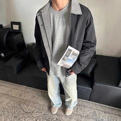 黑色格纹拼接假两件外套男生秋季翻领短款棒球服cleanfit飞行夹克